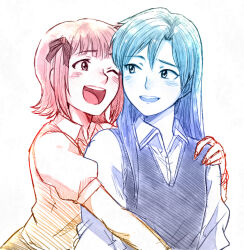  2girls ;d amami_haruka behind_another bow collared_shirt commentary_request dress_shirt hair_bow hand_on_another's_shoulder hug hug_from_behind idolmaster idolmaster_(classic) kisaragi_chihaya long_hair looking_at_another multiple_girls one_eye_closed open_mouth shirt short_hair short_sleeves simple_background smile sweater_vest tsubobot upper_body white_background yuri 