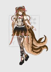  1girl absurdres adoptable belt bow clothing_cutout food hair_ornament heterochromia highres leggings long_hair maid maid_headdress multicolored_hair original seiyunii skirt takoyaki tentacles torn_clothes torn_leggings torn_skirt virtual_youtuber 