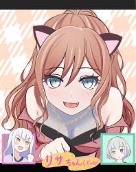  3girls animal_ears bang_dream! bang_dream!_girls_band_party! bang_dream!_it's_mygo!!!!! blue_eyes blush breasts brown_hair cat_ears claw_pose fake_animal_ears green_eyes grey_hair heterochromia highres imai_lisa kaname_raana large_breasts long_hair looking_at_viewer minato_yukina multiple_girls open_mouth pink_shirt sandman_(gm4zfijcwbz3g4y) shirt short_hair tongue tongue_out translation_request yellow_eyes 