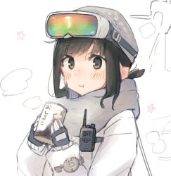  1girl :t alternate_costume beanie black_eyes black_gloves black_hair can commentary eating expressionless fingerless_gloves fubuki_(kancolle) gloves goggles goggles_on_head grey_hat grey_scarf hat highres holding holding_can jacket kantai_collection looking_at_viewer low_ponytail ma_rukan medium_hair ponytail portrait romaji_commentary scarf short_ponytail sidelocks solo upper_body white_jacket winter_clothes 