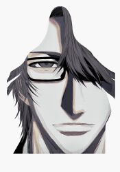  2boys aizen_sousuke black-framed_eyewear bleach closed_mouth ganmenyoi glasses grey_eyes hair_between_eyes hair_over_one_eye highres hirako_shinji long_hair looking_at_viewer male_focus multiple_boys one_eye_covered portrait short_hair silhouette swept_bangs white_background 