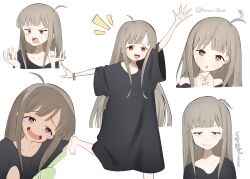  1girl absurdres azumi_illust black_shirt bracelet brown_hair cho_kaguya-hime! commentary_request crying crying_with_eyes_open highres jewelry kaguya_(cho_kaguya-hime!) long_hair long_shirt looking_at_viewer open_mouth red_eyes scene_reference shirt smile solo standing standing_on_one_leg streaming_tears tears translated twitter_username white_background 