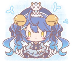  1girl :3 ahoge amamiya_kokoro amamiya_kokoro_(1st_costume) animal animal_on_head bell beret blue_dress blue_hair blue_hat blue_jacket blush_stickers chibi closed_mouth colored_shadow commentary_request dress frilled_sleeves frills goat hair_bell hair_between_eyes hair_ornament hairclip hat highres jacket jingle_bell juliet_sleeves long_hair long_sleeves mitarashi_neko neko_(amamiya_kokoro) nijisanji on_head outline puffy_sleeves shadow sleeves_past_fingers sleeves_past_wrists two_side_up very_long_hair virtual_youtuber white_outline x_hair_ornament yellow_eyes 