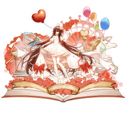  1girl absurdres ahoge balloon bare_shoulders black_hair book bow braid chinese_commentary choker commentary_request dress dress_bow ferris_wheel flower hair_between_eyes hair_flower hair_ornament hair_spread_out high-low_dress highres holding_own_skirt horse long_hair looking_at_viewer mole mole_under_mouth musical_note musical_note_print musical_staff musical_staff_print puffy_sleeves red_bow red_eyes red_flower red_rose ribbon ribbon_legwear roller_coaster rose shawl short_sleeves side_braid smile solo standing vocaloid vsinger_(vocaloid) white_background white_choker white_dress white_flower white_horse white_ribbon white_shawl white_sleeves xianyangyutoumalingshu yuezheng_ling 
