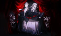  2boys axis_powers_hetalia bow bowtie commentary cup curtains drinking_glass english_commentary facial_hair flower france_(hetalia) full_body goatee_stubble greyscale highres holding holding_cup holding_knife jacket knife male_focus medium_hair monochrome multiple_boys necktie on_table open_mouth pants shirt shoes short_hair sitting smile spot_color stubble suit table thick_eyebrows united_kingdom_(hetalia) wine_glass zayats 