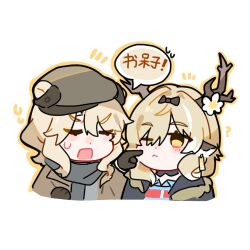  1boy 1girl animal_ears antlers arknights bear_boy bear_ears black_scarf blonde_hair blush botani_(arknights) bow brown_hat brown_jacket closed_eyes deer_ears deer_girl earrings ears_through_headwear fyodor_vladimirovich_(arknights) hair_over_one_eye hat highres horns jacket jewelry one_eye_closed open_mouth portrait scarf shishigg speech_bubble sweatdrop swept_bangs white_background 