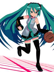  1girl 3d absurdres animasa_model_(mikumikudance) aqua_eyes aqua_hair aqua_necktie ball basketball basketball_(object) black_sleeves cel_rendering commentary detached_sleeves dynamic_pose english_commentary full_body grey_shirt hair_between_eyes hair_ornament hatsune_miku headset highres kio_(majin_kz) long_hair looking_at_viewer mikumikudance_(medium) necktie open_mouth shirt skirt sleeveless sleeveless_shirt solo twintails very_long_hair vocaloid 