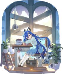  1girl ahoge black-framed_eyewear blonde_hair blue_hair blue_sailor_collar boarded_windows book book_stack ceiling_light chair character_charm charm_(object) desk hair_ornament highres leaning_on_table long_hair medium_skirt minova_(stella_sora) minova_(tipsy_daydream)_(stella_sora) multicolored_hair official_alternate_costume official_art on_bench on_chair pantyhose plant potted_plant sailor_collar school school_chair school_desk school_uniform semi-rimless_eyewear sitting skirt stella_sora streaked_hair third-party_source under-rim_eyewear very_long_hair violet_eyes white_pantyhose 