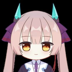  1girl animated animated_gif blinking blunt_bangs blunt_ends brown_hair chibi chibi_only chinese_commentary collared_shirt commentary_request eyes_visible_through_hair fake_horns hair_between_eyes hair_ribbon heaven_burns_red hime_cut horns kk0220 live2d long_hair looking_at_viewer looping_animation lowres neck_ribbon ogasahara_hisame purple_ribbon red_pupils ribbon shirt sidelocks simple_background solo transparent_background twintails upper_body white_shirt winking_(animated) yellow_eyes 