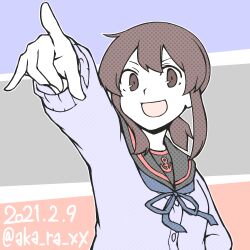  1girl :d adapted_costume akara_kai anchor_symbol black_sailor_collar blue_neckerchief brown_eyes brown_hair cardigan commentary_request dated double-parted_bangs fubuki_(kancolle) fubuki_kai_ni_(kancolle) grey_background hair_between_eyes halftone kantai_collection long_sleeves looking_at_viewer low_ponytail medium_hair neckerchief open_mouth outstretched_arm pointing pointing_at_viewer ponytail purple_background purple_cardigan reaching reaching_towards_viewer red_background sailor_collar sidelocks simple_background smile solo twitter_username 