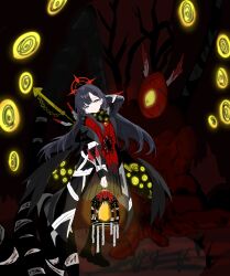  218_(niiya) absurdres apocalypse_bird bandages bird bird_wings black_hair black_skirt black_wings blue_archive closed_mouth commentary_request e.g.o_(project_moon) feathered_wings glowing glowing_eyes hair_between_eyes hair_ornament halo head_on_hand highres holding holding_lantern ichika_(blue_archive) lantern lobotomy_corporation long_hair looking_at_another low_wings project_moon red_halo red_shirt shirt skirt twilight_(e.g.o) weapon weapon_on_back wings yellow_eyes 