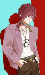  1boy absurdres alternate_costume brown_pants buckle choker commentary cowboy_shot green_eyes hands_in_pockets heart heart-shaped_buckle highres hisashi_kobawa jacket jewelry lauren_iroas long_hair long_sleeves looking_at_viewer male_focus necklace nijisanji open_clothes open_jacket pants parted_lips pink_jacket ponytail print_shirt red_hair shirt side_ponytail silver_choker solo standing two-tone_background untranslatable_commentary virtual_youtuber 