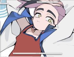  1boy arms_up art_program_in_frame closed_mouth hei_tai_(kyaputen1) highres jacket kieran_(pokemon) male_focus mole mole_on_neck multicolored_hair open_clothes open_jacket pokemon pokemon_scarlet_and_violet purple_hair red_shirt shirt sleeveless sleeveless_shirt solo two-tone_hair white_jacket yellow_eyes 