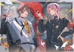  2boys absurdres armband asu_(sinsekai) bema_(sinsekai) black_choker black_eyes black_jacket black_necktie brown_hair chalkboard character_name choker commentary_request controller copyright_name earclip earrings gakuran game_controller gauze gauze_on_face genderswap genderswap_(ftm) green_eyes grey_eyes hair_ornament hand_in_pocket hand_on_own_hip hand_up heterochromia highres holding holding_pen jacket jewelry kamitsubaki_studio looking_at_another looking_at_viewer loose_necktie male_focus multicolored_hair multiple_boys necktie o-ring o-ring_choker official_art open_clothes open_jacket owls_(owls_0409) pen pink_hair red_armband school_uniform shirt sidelocks sinsekai_record streaked_hair upper_body virtual_youtuber white_hair white_shirt 