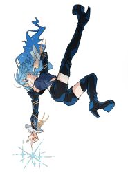  1girl black_boots black_shorts black_sleeves blue_eyes blue_hair blue_shirt boots commentary_request detached_sleeves earrings floating_hair full_body high-waist_shorts high_heel_boots high_heels highres hololive hoshimachi_suisei jewelry leg_up long_hair official_alternate_costume one_eye_closed outstretched_arm pointing pointing_down primadonna_(hoshimachi_suisei) shirt shorts shoulder_pads_(fashion) simple_background smile solo star_(symbol) star_earrings tauyoshi728 thigh_boots virtual_youtuber white_background 