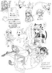  2girls animal bow bowtie cat closed_eyes closed_mouth commentary_request cure_nyammy dress greyscale highres itomugi-kun long_hair magical_girl monochrome multiple_girls multiple_views nekoyashiki_mayu nekoyashiki_yuki nekoyashiki_yuki_(cat) precure puff_of_air shoes short_sleeves simple_background socks speech_bubble translation_request white_background wonderful_precure! 