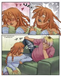  1boy 1girl blonde_hair blue_eyes blue_sweater closed_eyes commentary couch curly_hair earrings english_text grabbing_another's_hair gradient_hair highres holding_another's_hair humanization jax_(the_amazing_digital_circus) jewelry long_hair lying marmela877 multicolored_hair on_couch on_side pink_shirt purple_hair ragatha_(the_amazing_digital_circus) red_hair roots_(hair) shirt short_hair smile squiggle sweater the_amazing_digital_circus tumblr_username twitter_username 