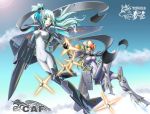 aerial_battle airplane battle f-22 hair_ribbon j-20 jet mecha_musume military missile multiple_girls original people's_liberation_army_air_force personification ponytail ribbon yin_gren 