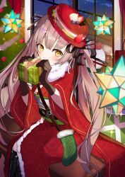  1girl alternate_costume bag black_boots black_gloves black_ribbon blunt_bangs blunt_ends blush boots box brown_gloves brown_hair christmas christmas_ornaments christmas_present christmas_tree closed_mouth commentary_request embarrassed eyelashes feet_out_of_frame food fruit fur-trimmed_kimono fur_trim furrowed_brow gift gift_box gloves hair_ribbon hands_up hat heaven_burns_red highres holding holding_gift indoors japanese_clothes kimono lace-up_boots long_hair long_sleeves looking_at_viewer night obi ogasahara_hisame partial_commentary red_kimono red_pupils ribbon santa_costume sash sidelocks sitting smile snowman solo sparkle strawberry tsukune2398 twintails very_long_hair wavy_mouth wide_sleeves window yellow_eyes 