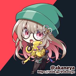  1girl :d akaneya black-framed_eyewear black_background black_gloves black_pantyhose black_shoes character_request chibi chibi_only colored_inner_hair commentary_request commission copyright_request full_body glasses gloves green_hat grey_hair grey_shorts hair_between_eyes hand_in_pocket hand_up hat jacket long_hair long_sleeves looking_at_viewer lowres multicolored_hair open_mouth pantyhose partially_fingerless_gloves pink_eyes pink_hair red_background round_eyewear shoes shorts skeb_commission smile solo standing twitter_username two-tone_background v very_long_hair web_address yellow_jacket 