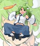  abekawa awkward_pose detached_sleeves food frog green_eyes green_hair hair_ornament highres kochiya_sanae shrimp shrimp_tempura snake solo tempura touhou 