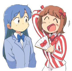  2girls :d ^_^ amami_haruka arm_behind_head blue_bow blue_bowtie blue_hair blue_jacket blush_stickers bow bowtie brown_eyes brown_hair closed_eyes closed_mouth commentary_request cropped_torso folding_fan hair_bow hand_fan holding holding_fan idolmaster idolmaster_(classic) jacket kisaragi_chihaya long_hair long_sleeves looking_at_another multiple_girls multiple_hair_bows open_mouth pants red_bow red_bowtie red_shirt shirt short_hair simple_background smile standing striped_clothes striped_shirt tsubobot vertical-striped_clothes vertical-striped_shirt white_background white_pants 