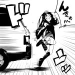  1girl akiyama_mio k-on! kneehighs long_hair monochrome motor_vehicle school_uniform skirt solo truck vehicle watarai_keiji 