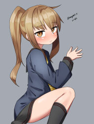  1girl absurdres black_sailor_collar black_skirt black_socks blue_jacket brown_eyes brown_hair commentary_request dated fumizuki_(kancolle) fumizuki_kai_ni_(kancolle) grey_background highres jacket kantai_collection long_hair maru_(marg0613) neckerchief one-hour_drawing_challenge ponytail sailor_collar sidelocks simple_background skirt smile socks solo steepled_fingers twitter_username yellow_neckerchief 