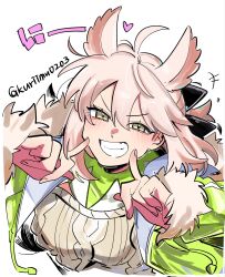  1girl animal_ears artist_name commentary_request cropped_torso fate/grand_order fate_(series) fur-trimmed_sleeves fur_trim grin highres kuriimu0203 looking_at_viewer okita_souji_(dream_portrait)_(fate) pink_hair pointing pointing_at_self short_hair smile solo sweater twitter_username yellow_eyes 