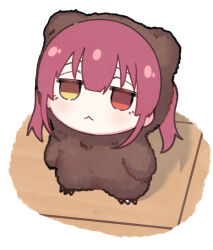  1girl :< animal_costume animal_ears bear_costume bear_ears bear_paws blush border brown_fur chibi chibi_only claws closed_mouth commentary_request double-parted_bangs eyebrows_hidden_by_hair fading_border from_above full_body hair_between_eyes heterochromia highres hololive houshou_kumarine houshou_marine indoors jitome looking_up medium_hair no_pupils outside_border red_eyes red_hair short_twintails sidelocks simple_background solo standing twintails virtual_youtuber white_border wooden_floor yellow_eyes yuzuyukiha 