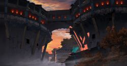  absurdres blue_cloak building cloak clouds dusk facing_away highres lantern original outdoors paper_lantern sky standing tree yu_yiming 