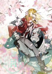  2boys absurdres alphonse_elric armor black_jacket black_pants blonde_hair braid carrying_over_shoulder cherry_blossoms closed_mouth coat edward_elric from_above full_armor fullmetal_alchemist highres jacket looking_at_viewer multiple_boys okbdko123 pants prosthesis prosthetic_arm red_coat red_eyes smile standing watermark yellow_eyes 