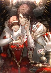  1boy 1girl absurdres beads blindfold bracelet brown_hair cape cloak curtained_hair dress earrings frilled_sleeves frills game_cg gem gloves highres holding jewelry lace lace_trim light_and_night_love long_sleeves lu_chen mole nail_polish necklace non-web_source official_art parted_bangs parted_lips pearl_necklace pink_hair protagonist_(light_and_night_love) puffy_sleeves red_dress red_eyes red_gem red_nails smile white_cloak white_gloves 