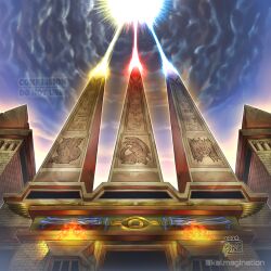  absurdres ancient_egyptian_architecture artist_name aura blue_aura clouds cloudy_sky energy energy_beam eye_of_horus fire hieroglyphics highres kai.magination no_humans obelisk obelisk_the_tormentor osiris_the_sky_dragon outdoors red_aura sky stone_tablet the_winged_dragon_of_ra yellow_aura yu-gi-oh! yu-gi-oh!_duel_monsters 