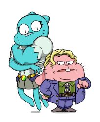  1boy 1girl 2boys animal_ears belt blonde_hair buck_teeth cat_ears cosplay crossover diamond_wa_kudakenai flowerpigeon formal_clothes furry jacket jojo_no_kimyou_na_bouken jojo_pose killer_queen kira_yoshikage male_focus multiple_boys muscular necktie nicole_watterson parody pointing pointing_at_viewer richard_watterson shirt skirt slit_pupils stand_(jojo) striped_clothes striped_shirt style_parody suit teeth the_amazing_world_of_gumball transparent_background whiskers white_background 