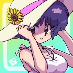  1girl blue_hair blush breasts dress flower hat ranma_1/2 smile solo sun_hat tendou_akane wanta_(futoshi) white_dress yellow_flower 