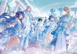  0jae 2girls 3boys :d amamiya_kokoro bell blue_dress blue_hair blue_sky bow bracelet cape choker closed_mouth clouds column commentary_request copyright_notice day detached_sleeves dress earrings fountain frilled_shirt frilled_sleeves frills grey_choker grey_hair grin group_picture hair_bell hair_between_eyes hair_bow hair_ornament halter_dress halterneck high_heels hoshirube_sho ibrahim_(nijisanji) jewelry jingle_bell layered_shirt long_hair long_sleeves looking_at_viewer multiple_boys multiple_girls necklace nijisanji nishizono_chigusa official_alternate_costume official_art open_mouth outdoors pants pillar pleated_pants purple_hair rainbow ring sample_watermark sandals shikinagi_akira shirt shoes short_dress short_hair simple_bird sitting sky sleeve_slit sleeveless sleeveless_dress smile standing standing_on_one_leg tassel thigh_strap tile_floor tiles very_long_hair violet_eyes virtual_youtuber watermark white_bow white_cape white_dress white_pants white_sandals white_shirt white_shoes white_sleeves yellow_eyes 