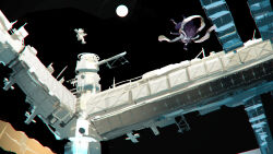  1girl 1other animal_ears black_background commentary_request floating hagoromo highres long_hair long_sleeves niy_(nenenoa) one-hour_drawing_challenge purple_hair rabbit_ears rabbit_girl reisen_udongein_inaba shawl shirt simple_background skirt space space_station spacesuit sun touhou upside-down wide_shot 