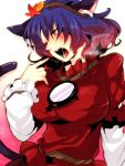  animal_ears bad_id breath cat_ears cat_tail highres kemonomimi_mode kiguchiko large_breasts purple_hair red_eyes saliva saliva_trail short_hair solo tail touhou yasaka_kanako 