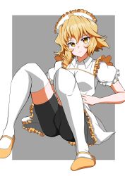  1girl 9ma_(9matohibari) absurdres apron blonde_hair bob_cut border closed_mouth commentary_request double-parted_bangs frilled_sleeves frills grey_background hair_between_eyes highres looking_at_viewer maid maid_apron maid_headdress mary_janes panties pantyshot puffy_short_sleeves puffy_sleeves senki_zesshou_symphogear shoes short_hair short_sleeves shorts shorts_under_skirt simple_background sitting solo tachibana_hibiki_(symphogear) thigh-highs underwear upper_body white_border white_thighhighs yellow_eyes 