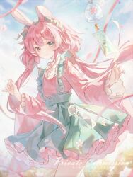  1girl absurdres animal_ears blue_sky blush closed_mouth clouds cowboy_shot day flower frilled_skirt frilled_sleeves frills green_eyes green_skirt hair_flower hair_ornament heterochromia highres japanese_clothes ke_song_da_ren_ye kimono long_hair long_sleeves looking_at_viewer low_twintails maid_headdress original outdoors pink_eyes pink_flower pink_hair rabbit_ears red_eyes ribbon shirt skirt sky smile solo twintails very_long_hair watermark white_shirt wide_sleeves wind_chime 