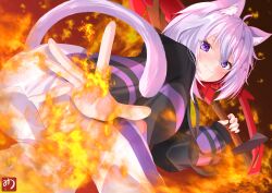  1girl absurdres ahoge animal_ear_fluff animal_ears black_hoodie blush cat_ears cat_girl cat_tail closed_mouth commentary_request fire highres holding holding_sword holding_weapon hololive hood hoodie looking_at_viewer muutsu_(maxwell0916) nekomata_okayu nekomata_okayu_(1st_costume) pants purple_hair smile solo sword tail violet_eyes virtual_youtuber weapon white_pants 