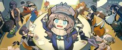  1boy 1other 6+girls absurdres alien_t apple apple_(reverse:1999) apron arm_up black_boots black_bow black_bowtie black_coat black_dress black_hat blue_coat blue_dress blue_eyes blue_hair blue_neckerchief boater_hat boots bow bowtie brown_gloves brown_hair chair checkered_hairband coat coat_on_shoulders colored_inner_hair copyright_name copyright_notice cow cup dress feet_on_table flying_paper flying_saucer food from_above fruit gloves green_eyes grey_eyes grey_hair grey_hat grey_pants grin hair_bun hairband hands_on_headwear hat highres holding holding_cup holding_saucer humanoid_robot indoors jacket joints logo long_hair lucy_(reverse:1999) marcus_(reverse:1999) medicine_pocket metal_hair mole mole_under_eye multicolored_hair multiple_girls neckerchief newsboy_cap official_art on_chair open_mouth orange_hair pants pantyhose paper red_jacket regulus_(reverse:1999) reverse:1999 robot robot_girl robot_joints round_table saucer scarf school_uniform short_hair single_side_bun sitting smile sonetto_(reverse:1999) soviet_school_uniform spacecraft standing table teacup tractor_beam traditional_bowtie ufo vertin_(reverse:1999) voyager_(reverse:1999) white_apron white_coat white_hair white_pantyhose white_scarf x_(reverse:1999) yellow_eyes 