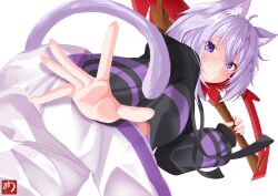  1girl absurdres animal_ear_fluff animal_ears black_hoodie blush cat_ears cat_girl cat_tail closed_mouth commentary_request highres holding holding_sword holding_weapon hololive hood hoodie looking_at_viewer muutsu_(maxwell0916) nekomata_okayu nekomata_okayu_(1st_costume) pants purple_hair smile solo sword tail violet_eyes virtual_youtuber weapon white_background white_pants 