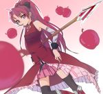  apple bare_shoulders black_legwear black_thighhighs blurry boots depth_of_field detached_sleeves dutch_angle food fruit ibuki_notsu mahou_shoujo_madoka_magica mouth_hold notsugimi pink_eyes pocky polearm ponytail red_eyes red_hair redhead sakura_kyouko simple_background solo spear thigh-highs thighhighs weapon 