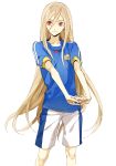  afuro_terumi androgynous blonde_hair inazuma_eleven inazuma_eleven_(series) inazuma_japan interlocked_fingers izumi_(nagashi) lightning_bolt long_hair male outstretched_arms red_eyes smile soccer_uniform solo standing stretch very_long_hair white_background 
