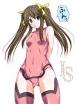  bare_shoulders bodysuit brown_hair green_eyes hair_ribbon huang_lingyin infinite_stratos long_hair mister_(black_and_white) navel pilot_suit ribbon simple_background solo twintails 