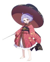  1girl absurdres ahoge baba_(baba_seimaijo) barefoot black_sash bowl bowl_hat commentary_request full_body hat highres holding holding_needle japanese_clothes kimono long_sleeves looking_at_viewer needle needle_sword obi open_mouth purple_hair red_eyes red_kimono sash short_hair simple_background smile solo sukuna_shinmyoumaru toes touhou white_background wide_sleeves 