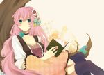  against_tree bad_id blue_eyes book bow braid branch choker flower hair_bow hair_flower hair_ornament holding holding_book ichinose_(sorario) light_smile long_hair megurine_luka open_mouth pillow pink_hair reading sitting sleeves_rolled_up solo thigh-highs thighhighs tree vocaloid 
