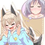  animal_ears blonde_hair blush closed_eyes eila_ilmatar_juutilainen eyes_closed fang fox_ears fox_tail hajime_(kinyou_club) hoodie imagining incoming_kiss long_hair multiple_girls sanya_v_litvyak short_hair silver_hair strike_witches tail tail_wagging 